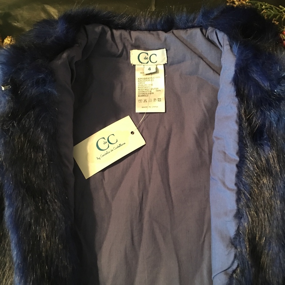 🆕🎀 C de C Faux Fur Baby Girl Vest Coat 4Y Blue - Picture 6 of 9